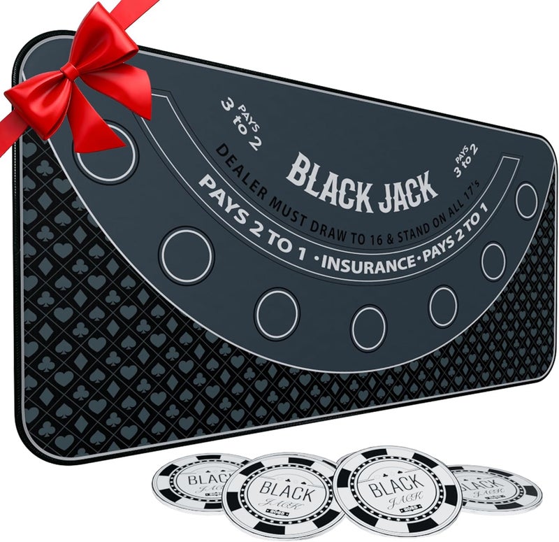 iEsstros Blackjack Mat 70" x 35" Blackjack Table Top Mat 21 Black Jack Mat for Casino Table Rubber Poker Mat with Storage Bag 6 Coasters for Casino Games - Image 1